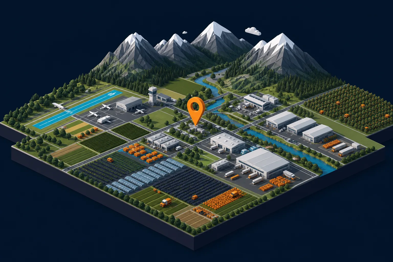 Isometric Fraser Valley illustration with farmland, airport, and industrial buildings