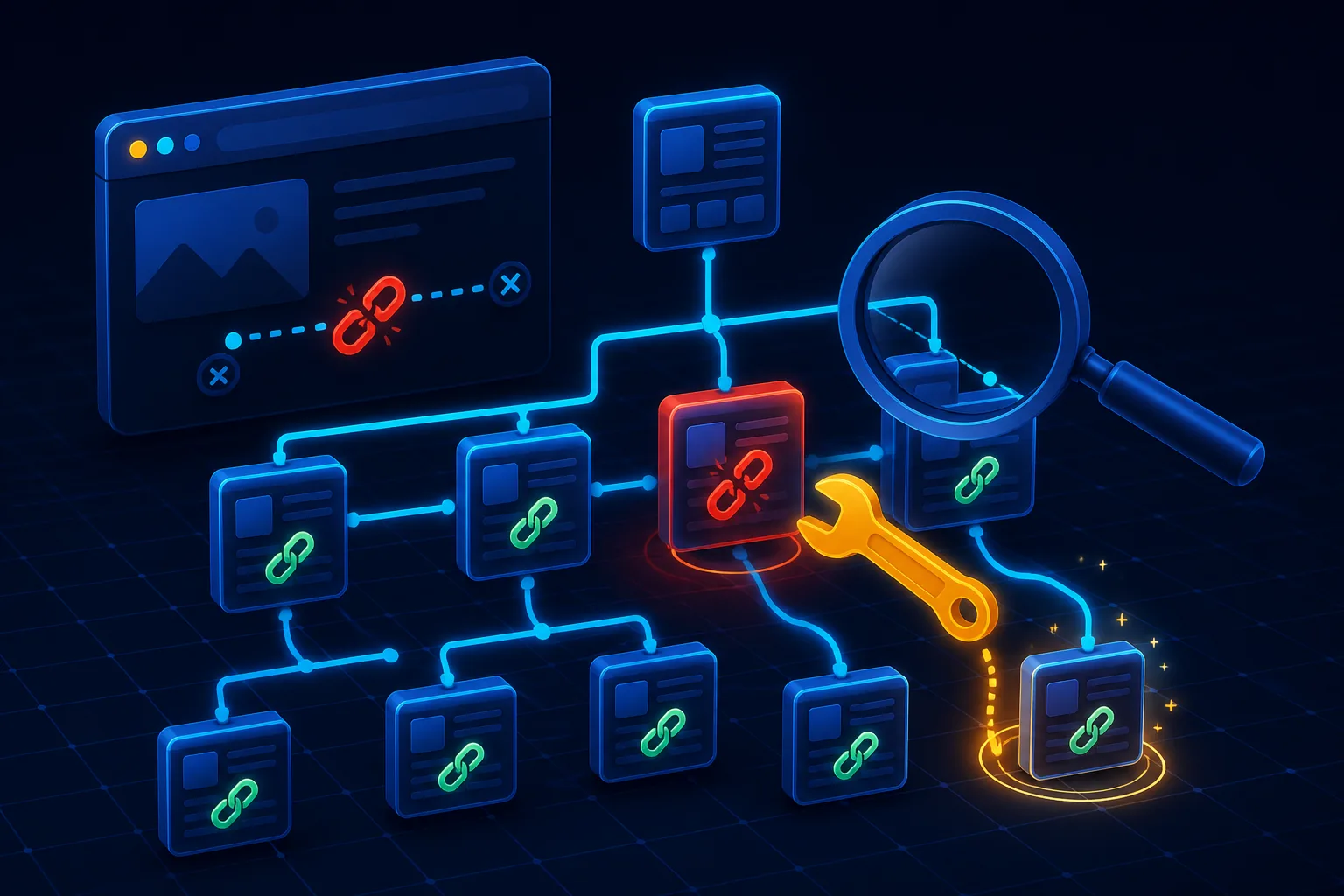 Broken link detection across a website sitemap with repair tools