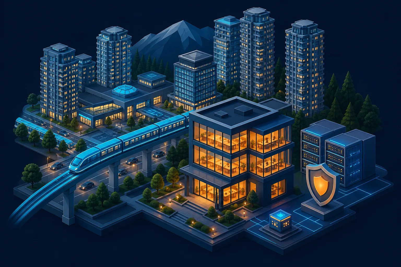 Isometric illustration of Burnaby towers, SkyTrain, and a WordPress agency office