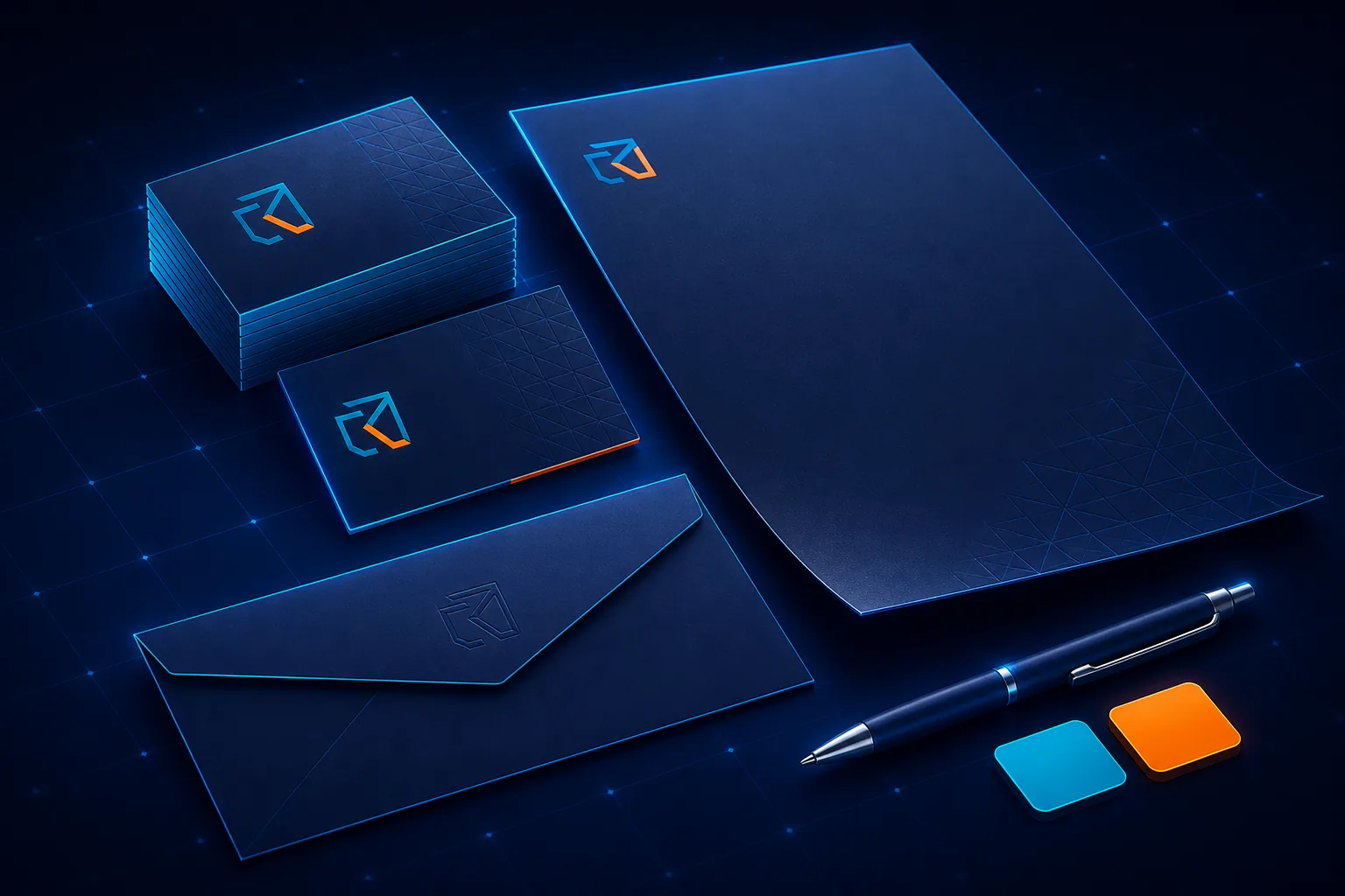 Business cards and stationery suite with letterhead and brand accents