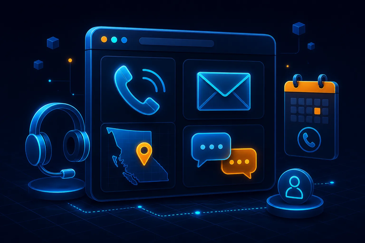 Contact channels illustration with phone, email, chat, and location pin for WP Support BC