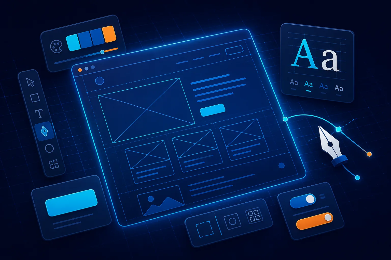Designer crafting a website design system with brand colors, typography, and UI components