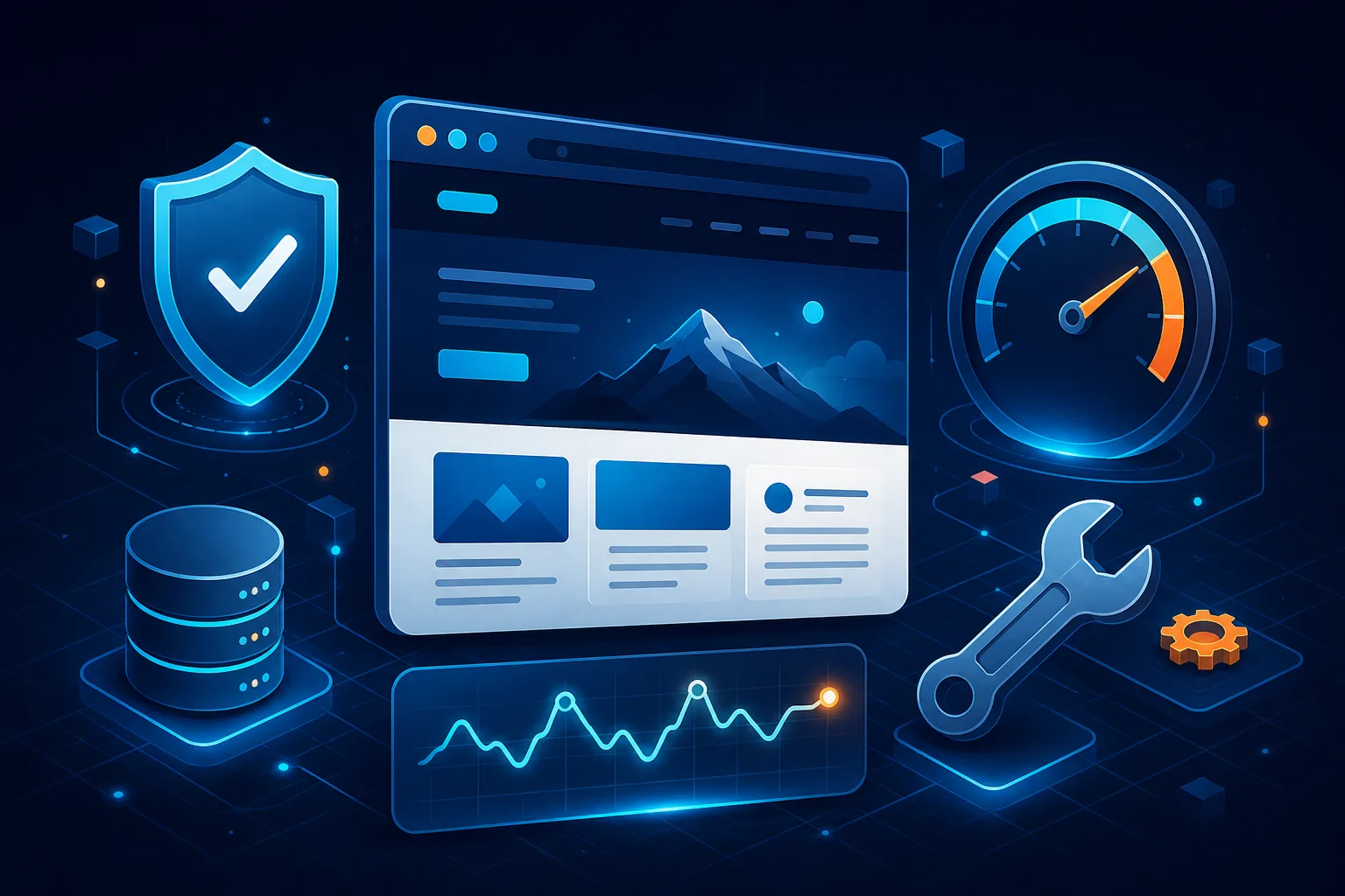 Illustration of a fast, secure WordPress website protected by monitoring and support tools