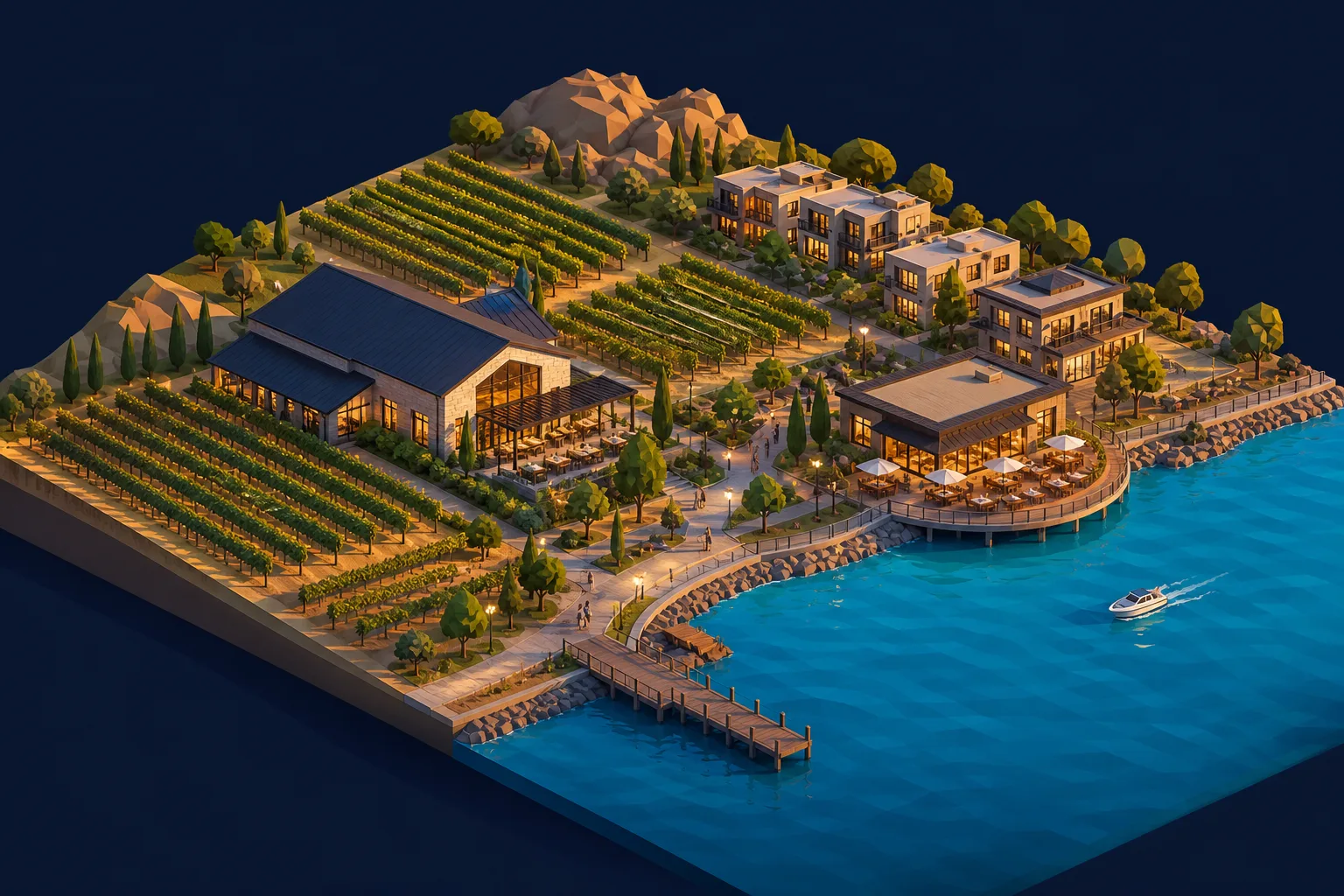 Isometric Okanagan vineyards, tasting room, and lakeside patio