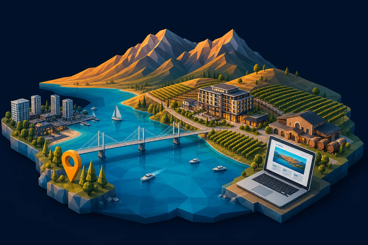 Isometric illustration of Kelowna, Okanagan Lake, vineyards, and a booking website
