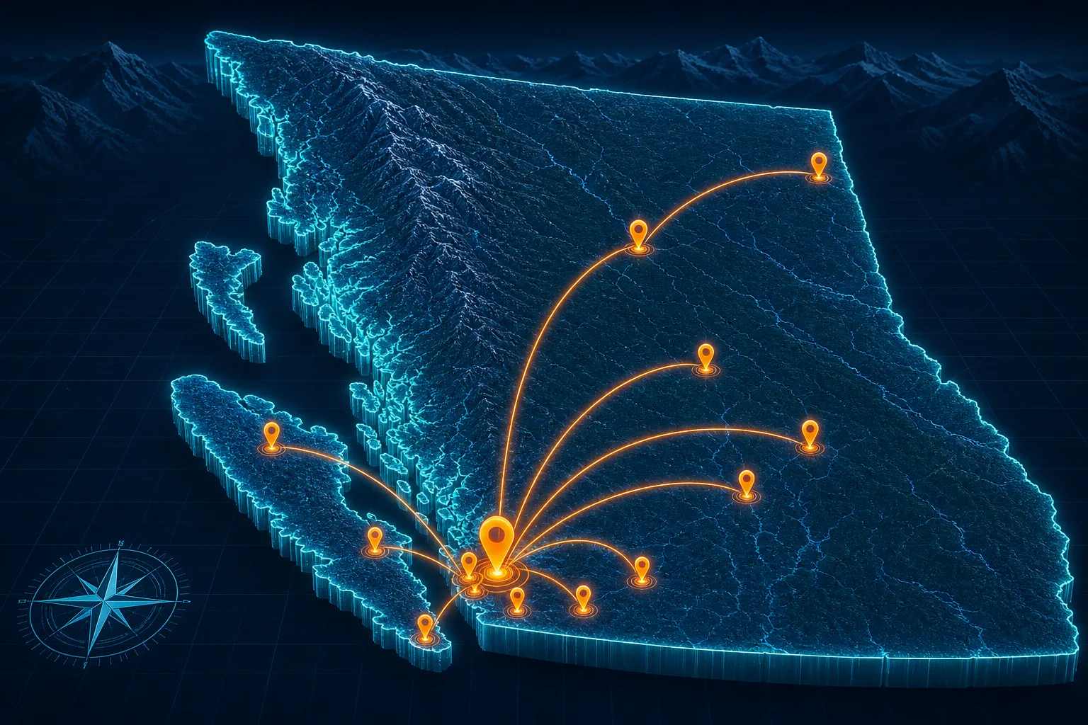 Stylized map of British Columbia with all service links radiating from Burnaby HQ to Metro Vancouver, Vancouver Island, the Okanagan, and northern BC
