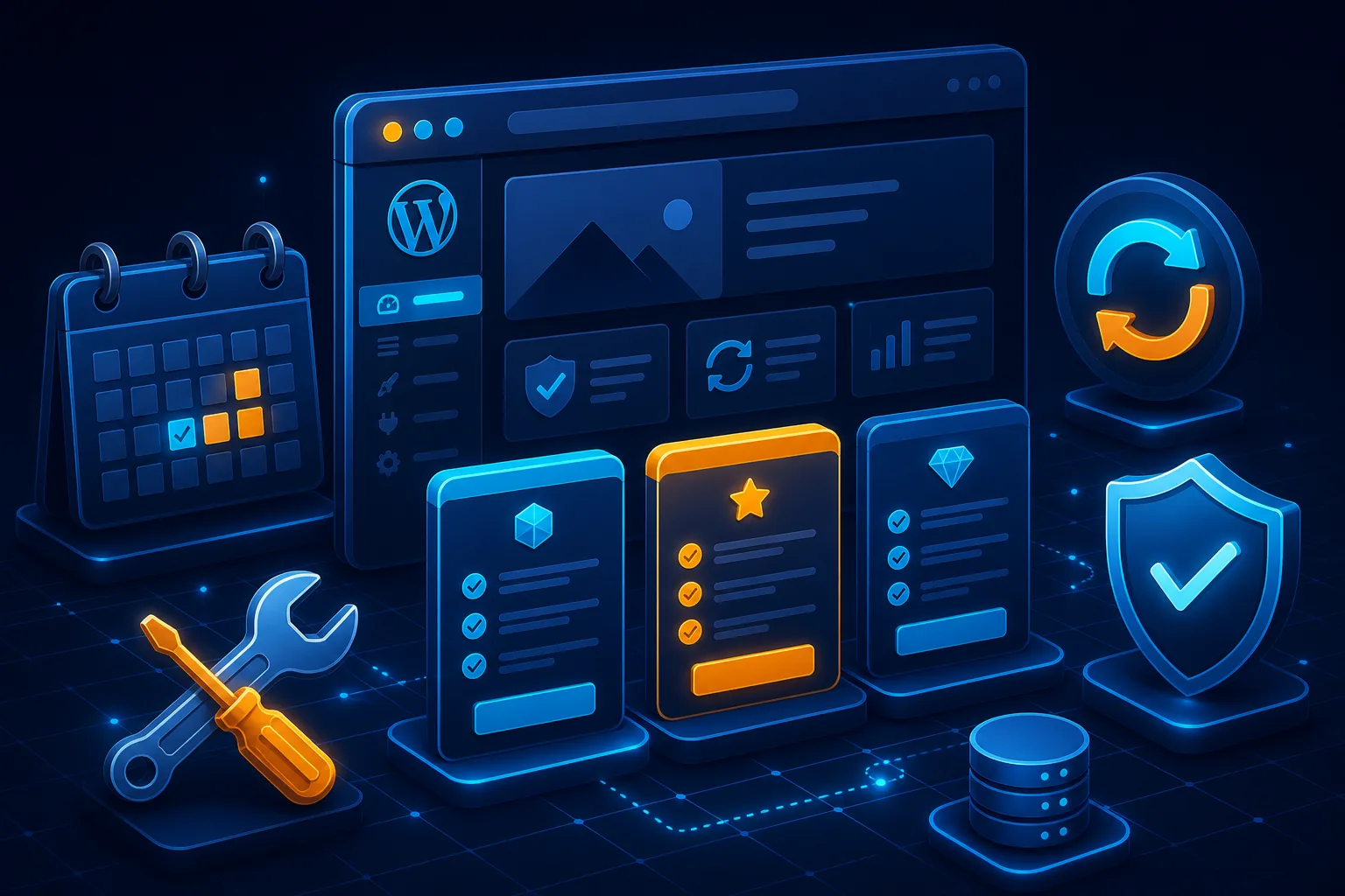 WordPress maintenance plan tiers with scheduled updates, backups, and security checks