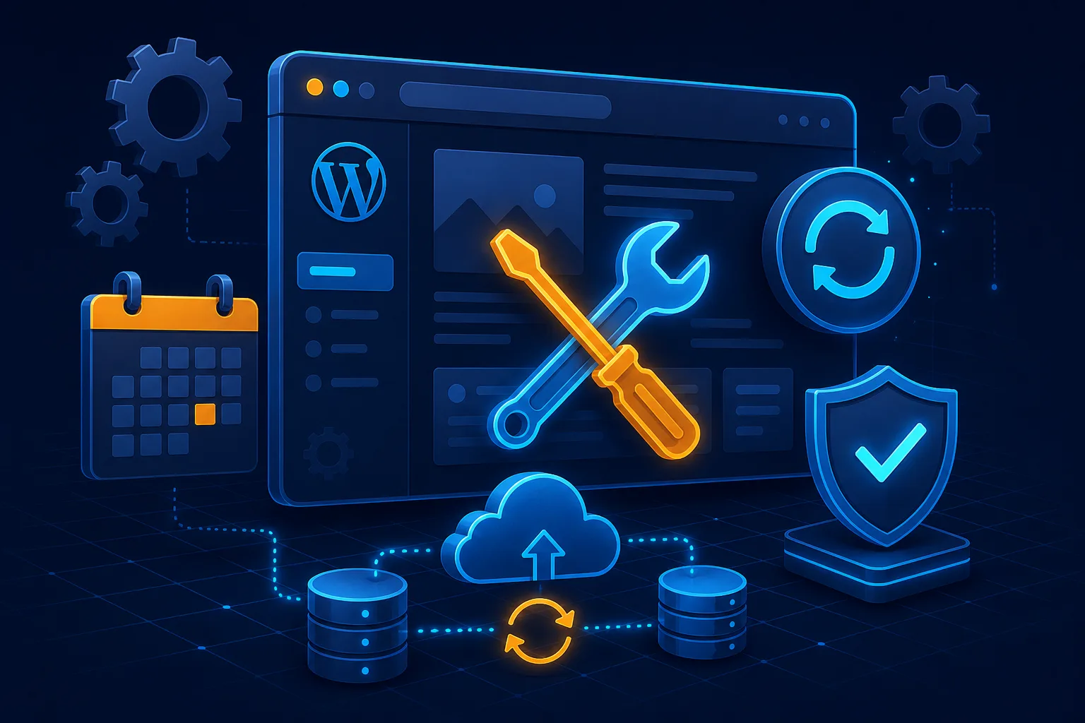 WordPress maintenance dashboard showing staged updates, backups, and uptime monitoring