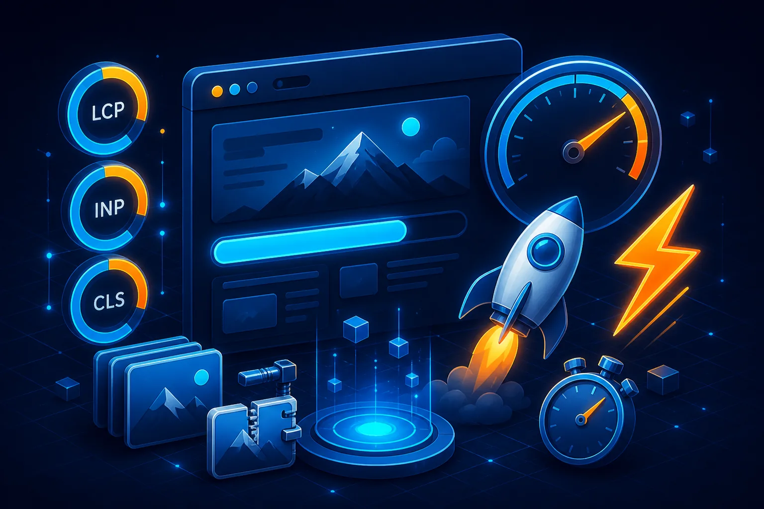 Website speed optimization with Core Web Vitals gauges and performance tools