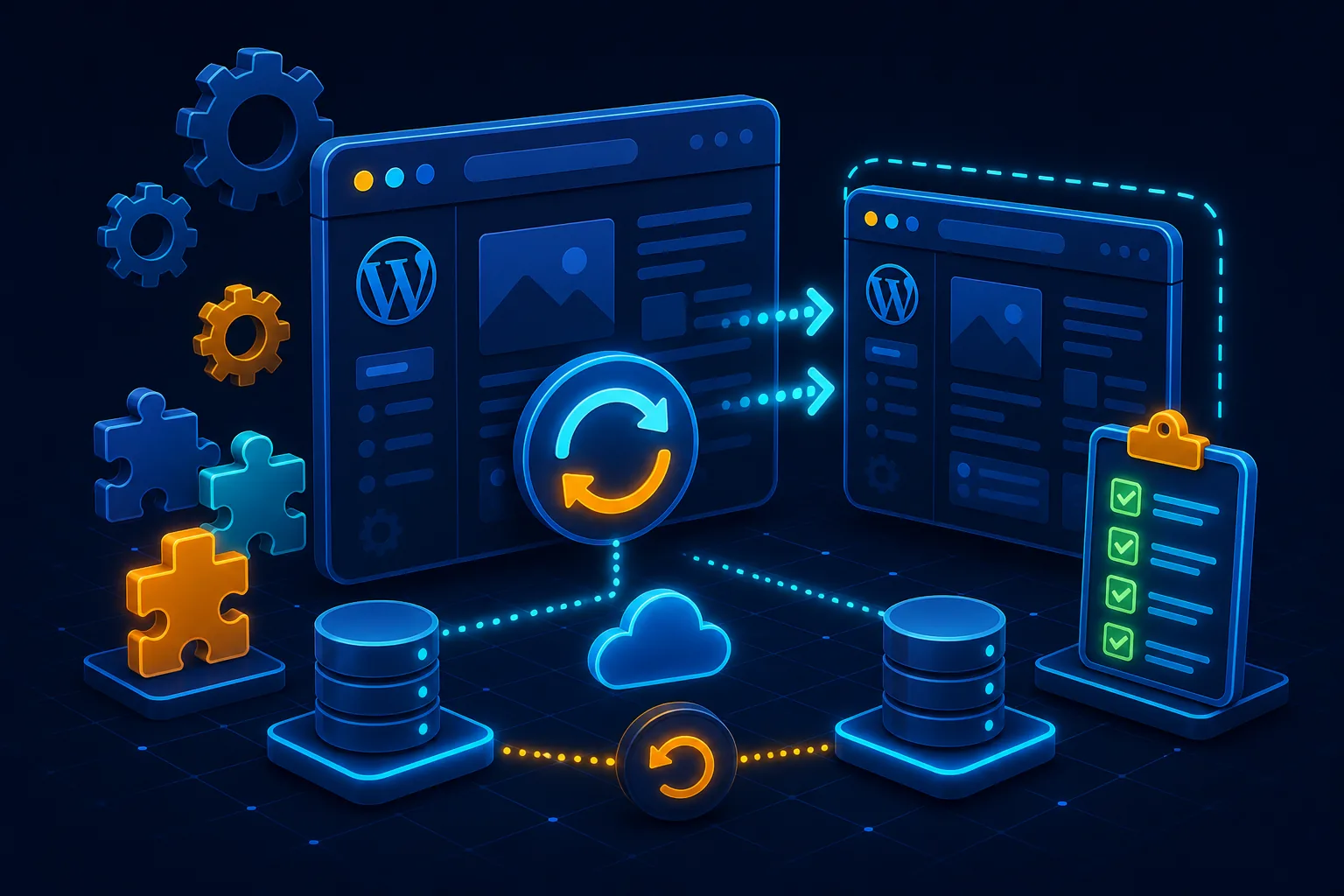 Staged WordPress plugin, theme, and core updates with QA checklist and rollback