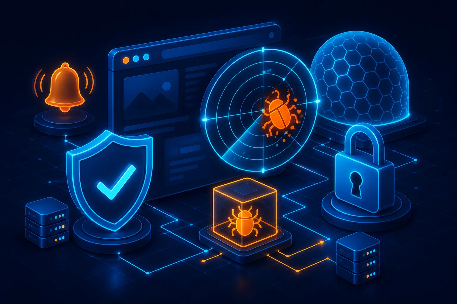Security shield scanning a WordPress site for malware with firewall protection