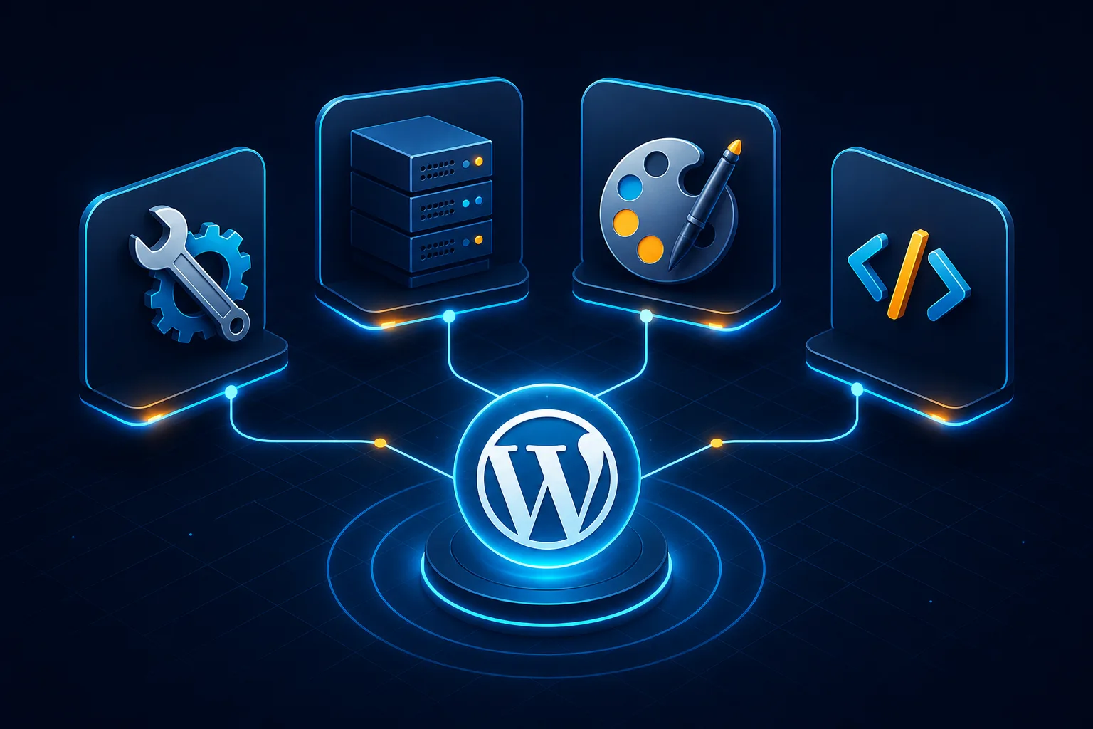 Overview illustration of WordPress maintenance, hosting, design, and development services
