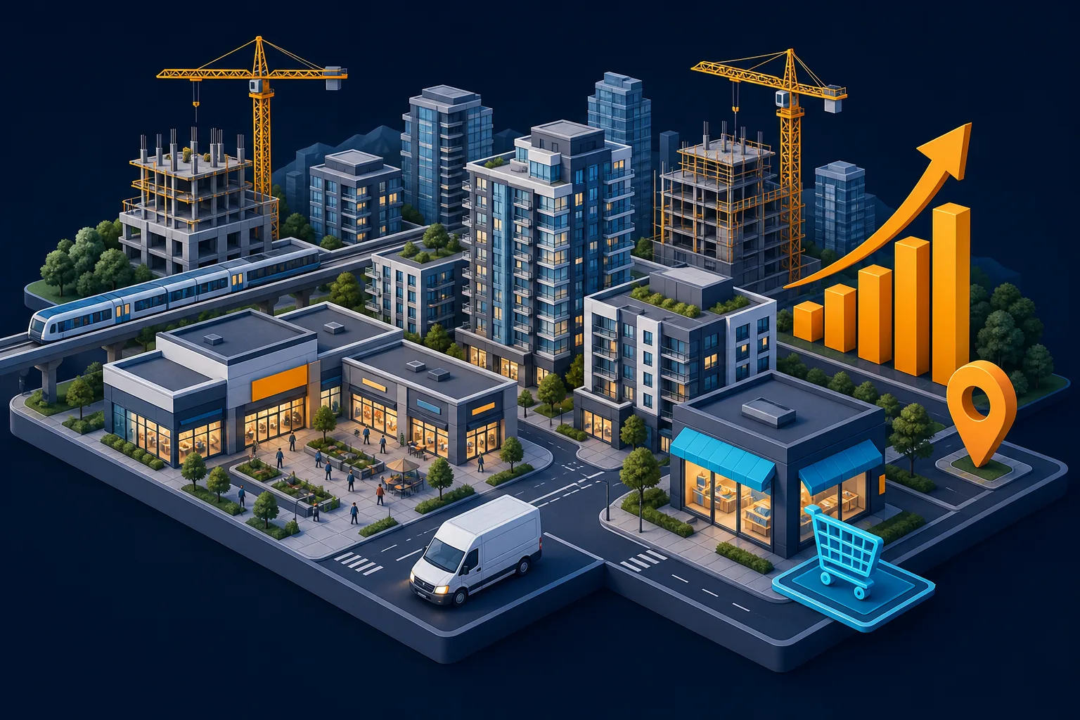 Isometric illustration of growing Surrey with new buildings, retail, and e-commerce