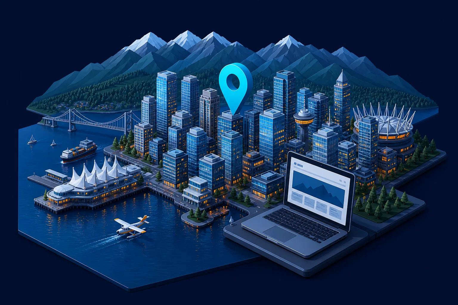 Isometric illustration of downtown Vancouver harbour, mountains, and a WordPress website