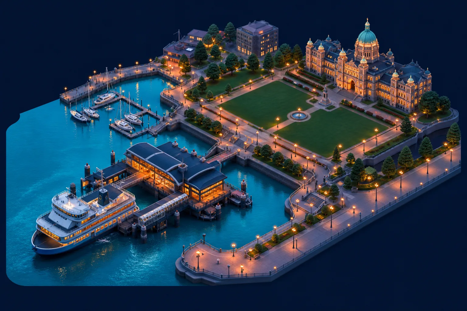 Isometric Victoria Inner Harbour with ferry, promenade, and parliament lawn
