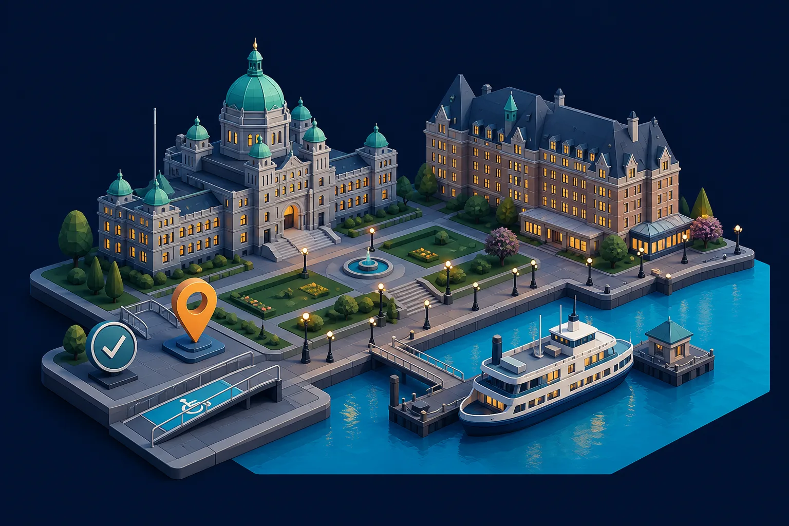 Isometric illustration of Victoria Inner Harbour, parliament buildings, and ferry