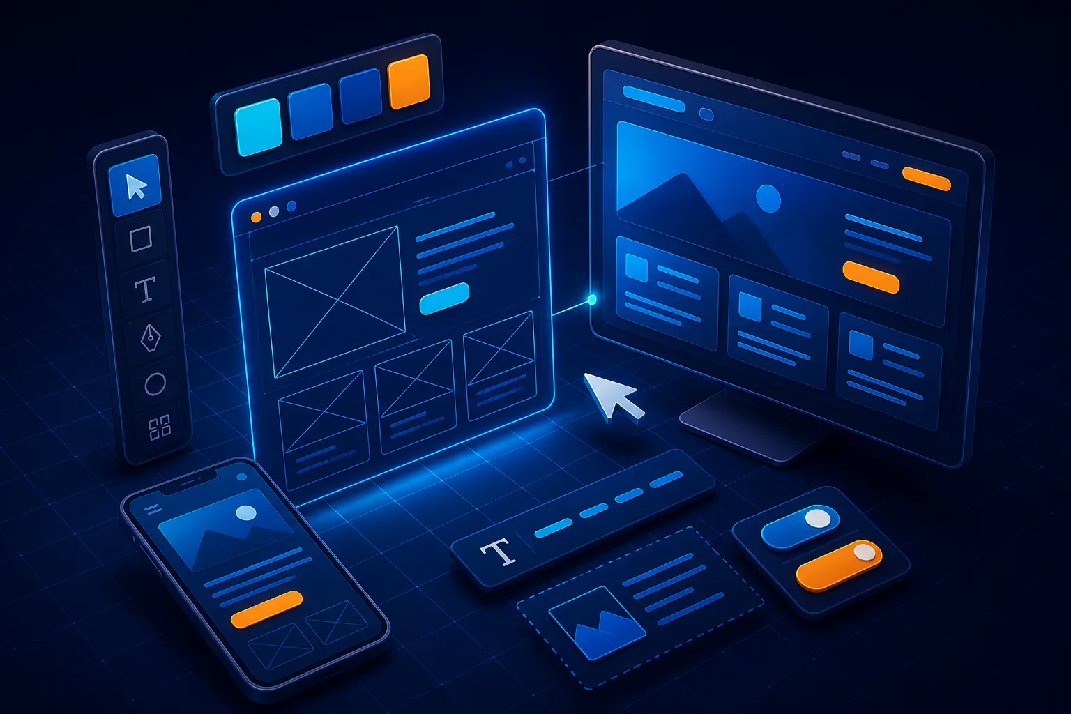 Website UX and UI design frames with wireframes, devices, and brand colors
