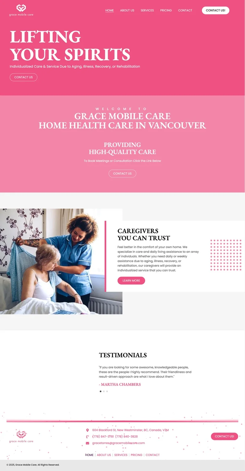 Screenshot of the Grace Mobile Care healthcare website