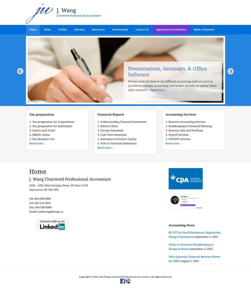 Screenshot of the Judi Wang CPA accounting firm website