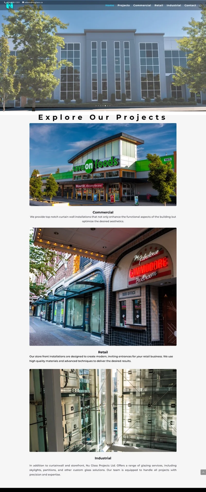 Screenshot of the NuGlass glass manufacturing website